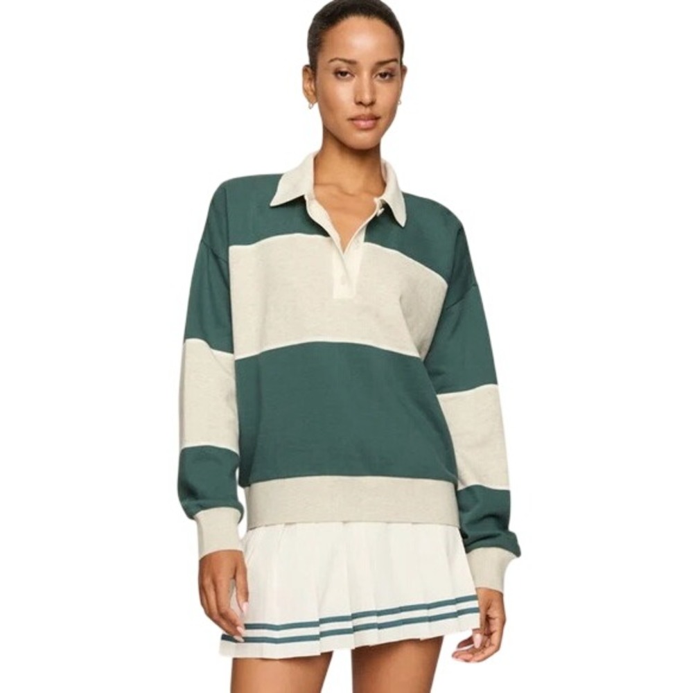Z Supply Womens Rugby Stripe Sweatshirt Green Grey Polo Pullover Size M NWT